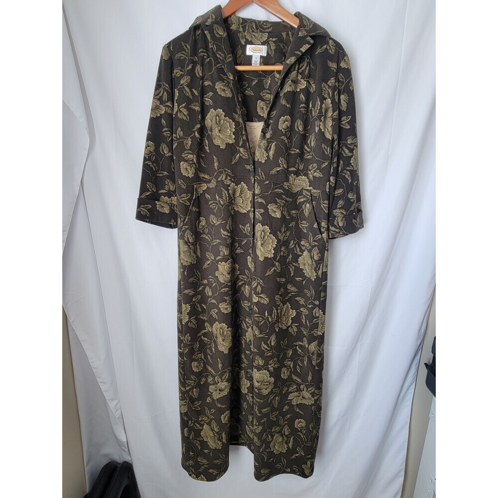 Talbots Women's Size 8 Dark Green Floral‎ Button Front Midi Shirt Dress 3/4